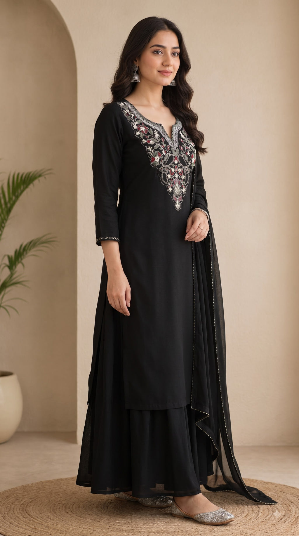 Black Embroidered Kurta Sharara Set