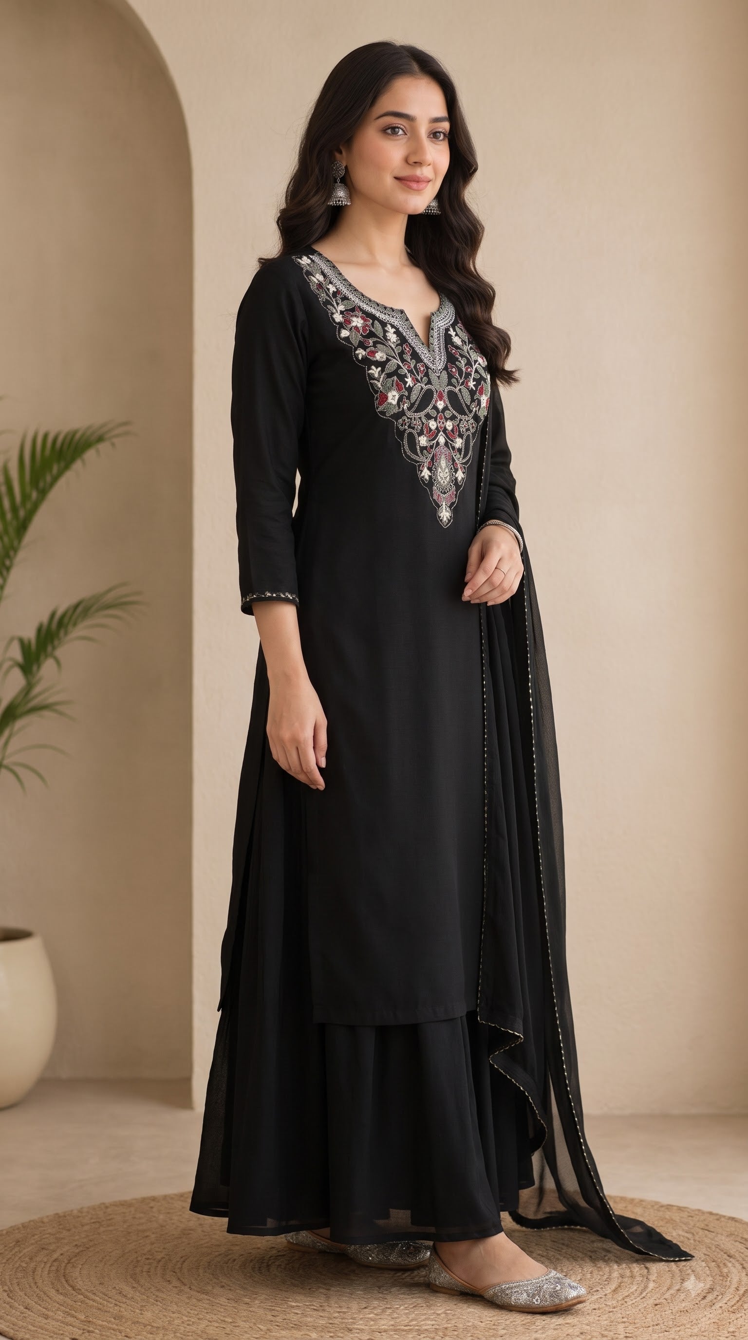 Black Embroidered Kurta Sharara Set