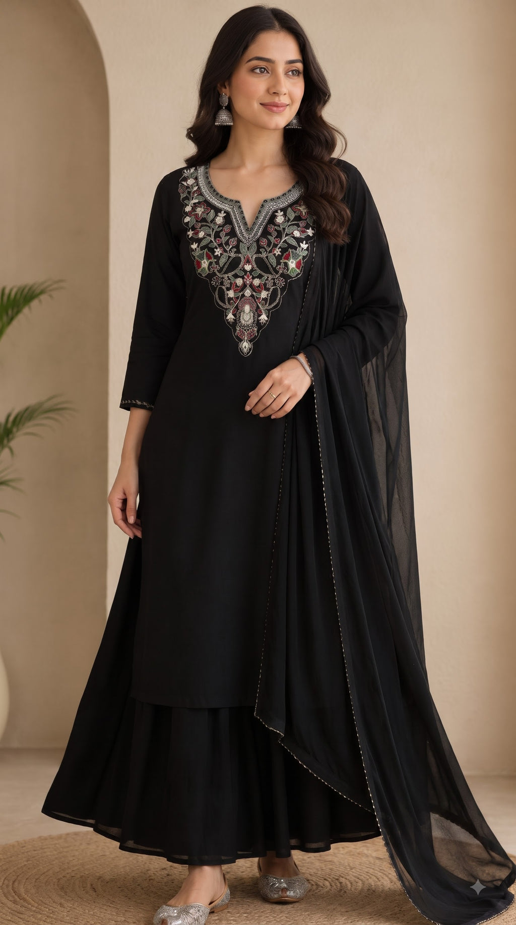 Black Embroidered Kurta Sharara Set