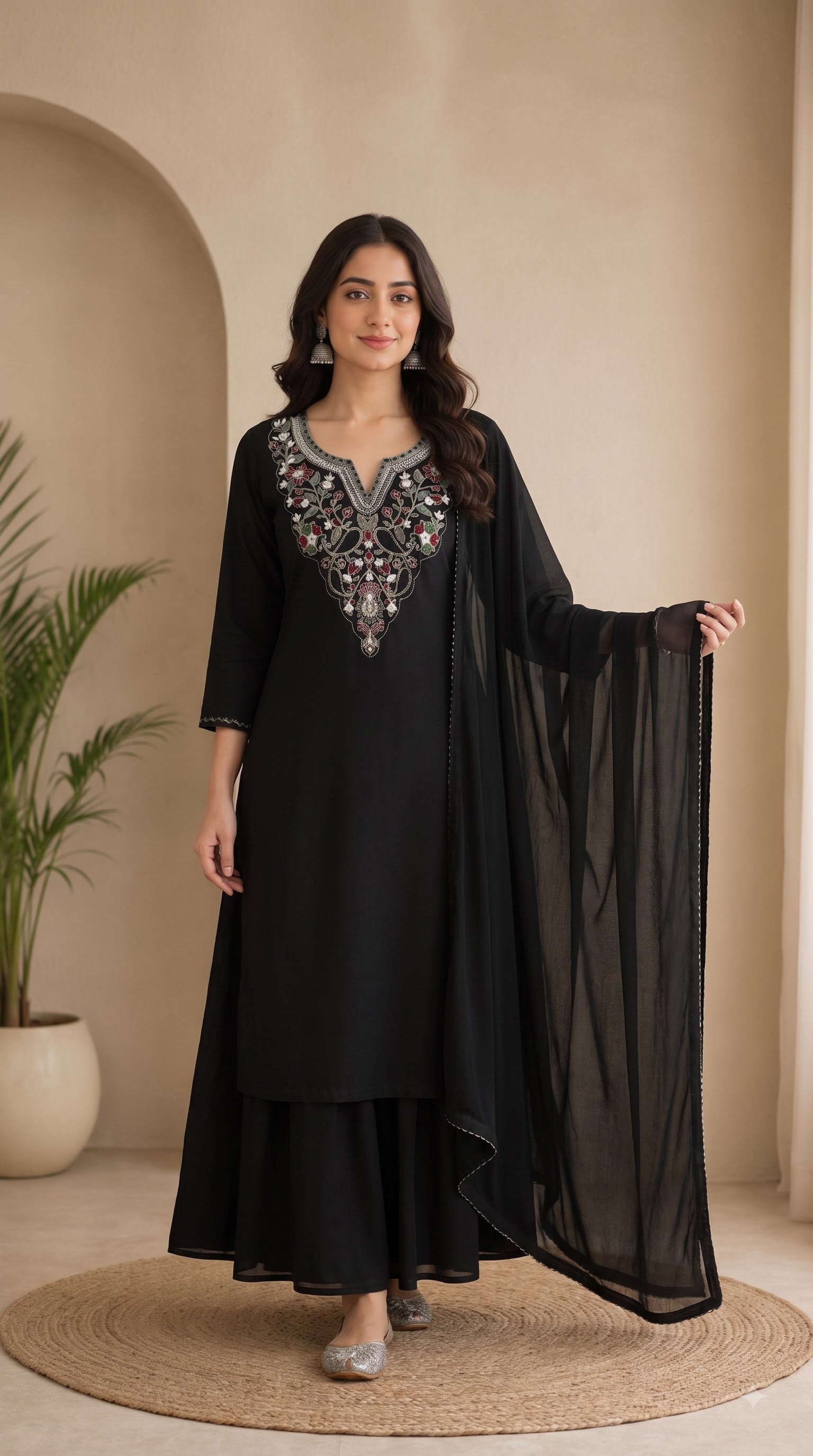 Black Embroidered Kurta Sharara Set