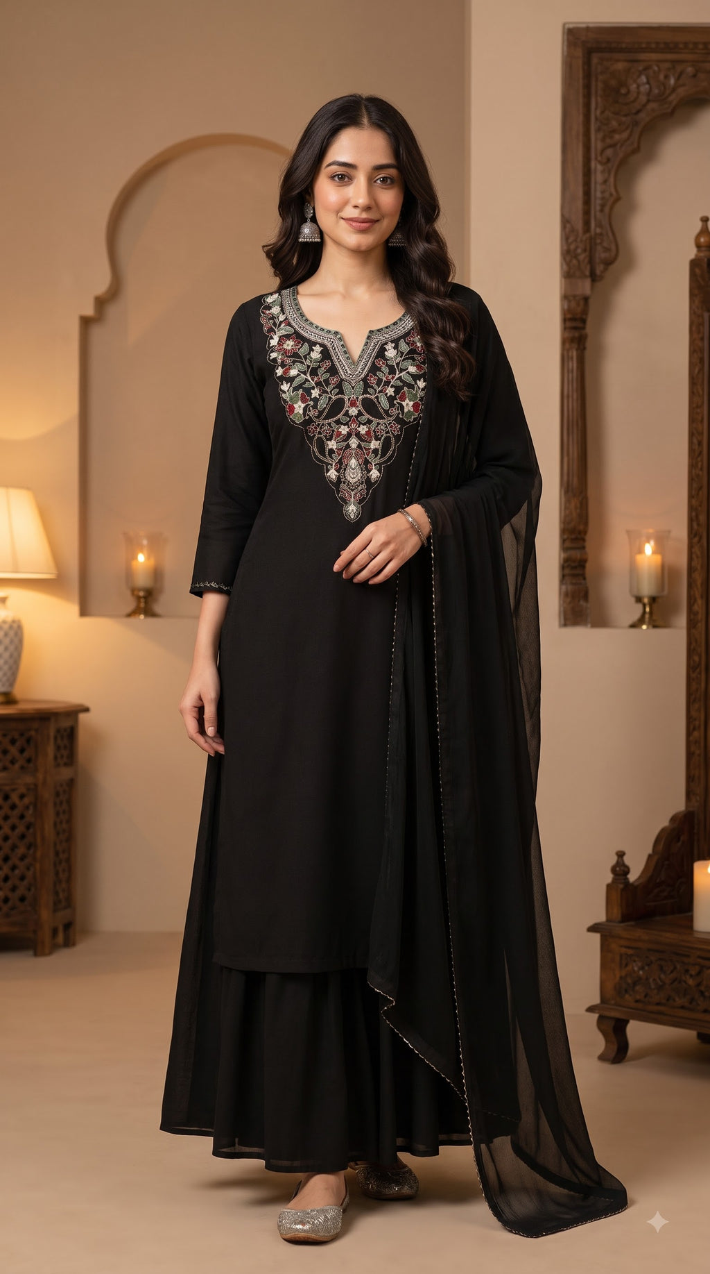 Black Embroidered Kurta Sharara Set
