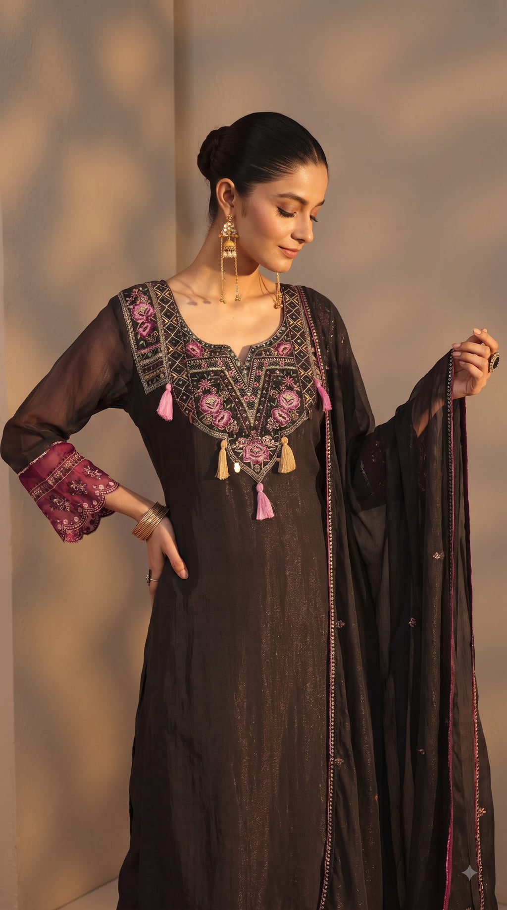 Black Embroidered Ethnic Kurta Set