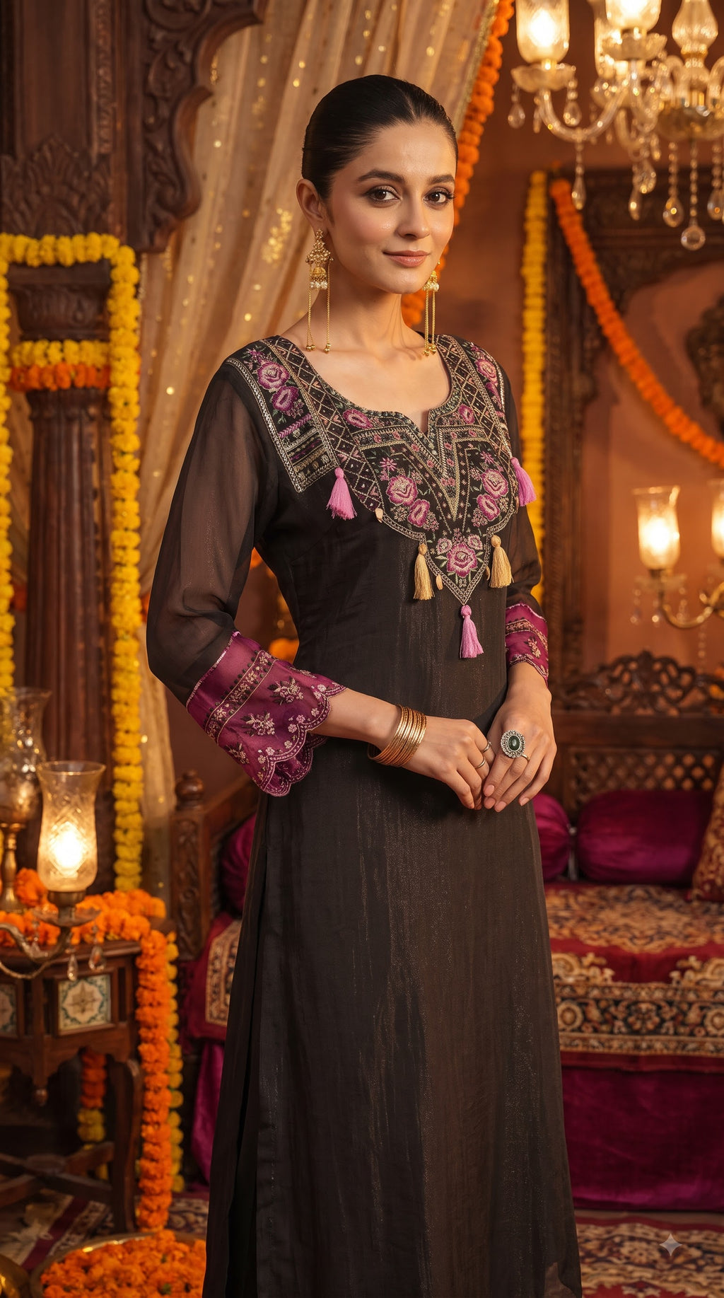 Black Embroidered Ethnic Kurta Set